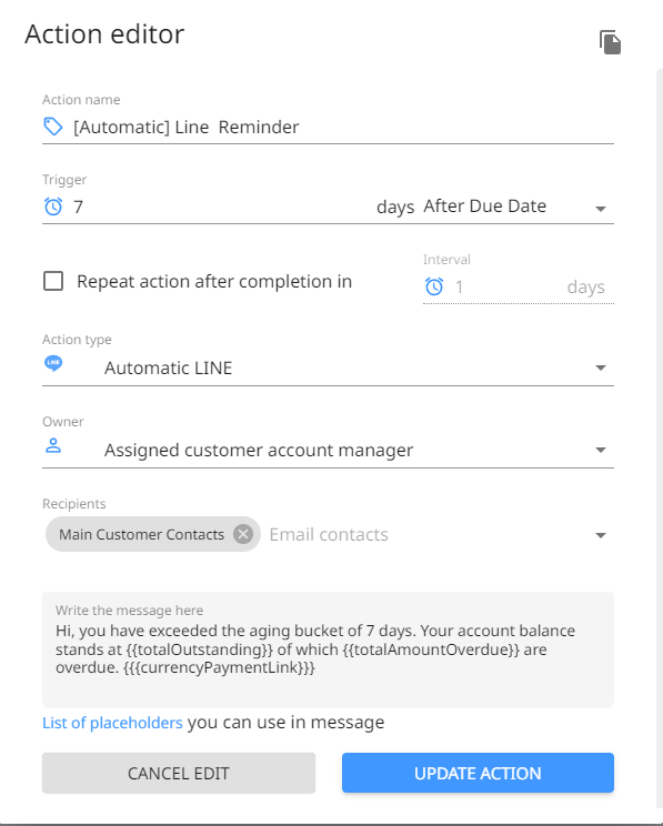 The LINE message content with placeholders in the action editor