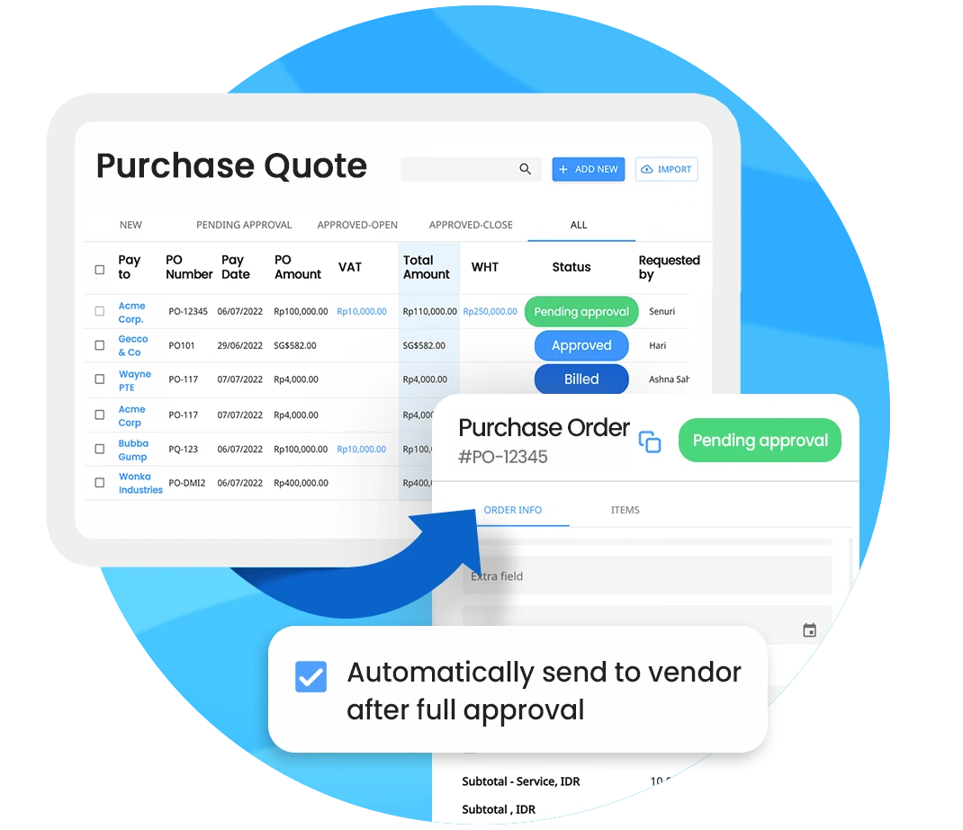 The accounts receivable tab in Peakflo to generate purchase quotes and streamline approval process