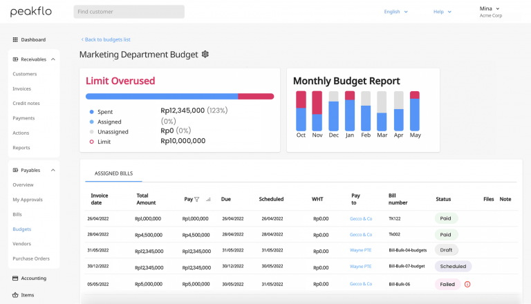 Budget dashboard in Peakflo