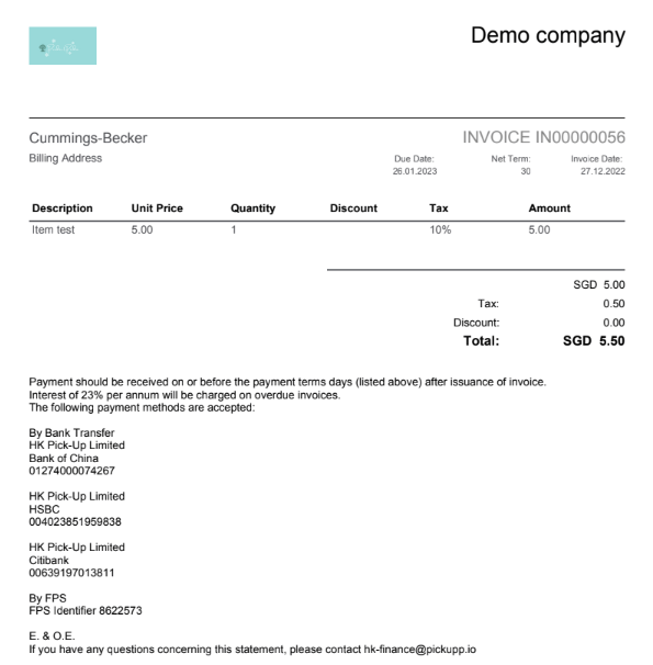 An example of an invoice made inside Peakflo