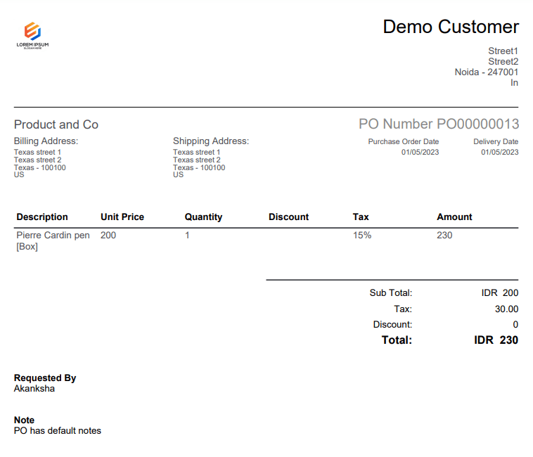 Contoh purchase order yang dibuat di Peakflo.