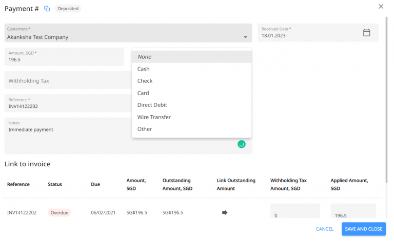 Record an immediate payment in Peakflo