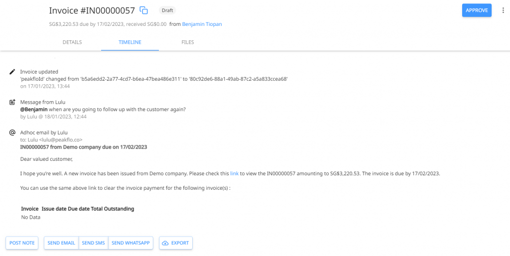 The invoice timeline with audit trail in Peakflo