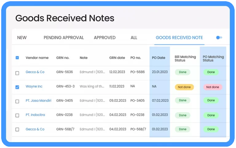 PO, GRN, and bill matching