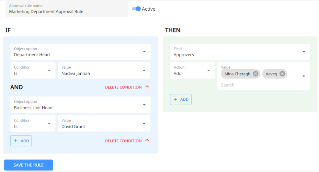 The if and then rules in Peakflo for approval policies