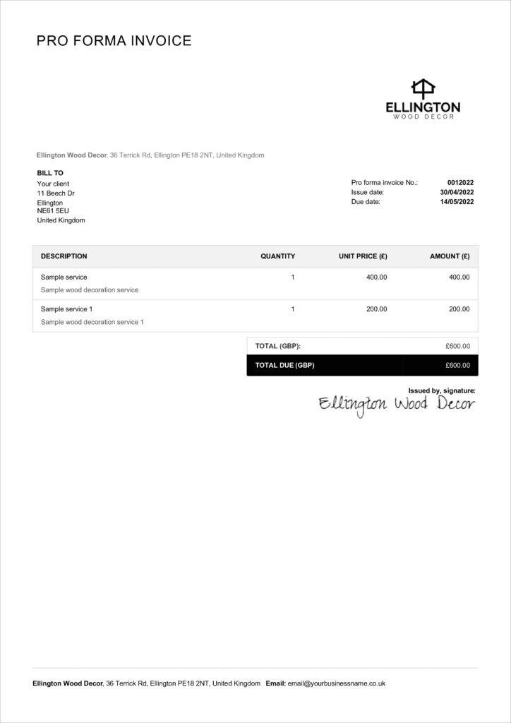 sample proforma invoice